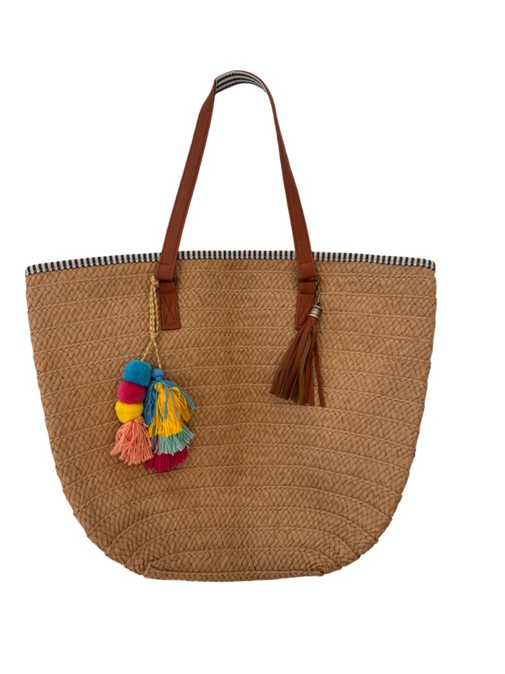 Braided Straw Tote with Brown Straps and Colorful Tassel